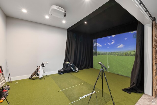 523 N Red Ct, Heber City, UT 84032 - rec room featuring golf simulator, carpet, baseboards, and recessed lighting