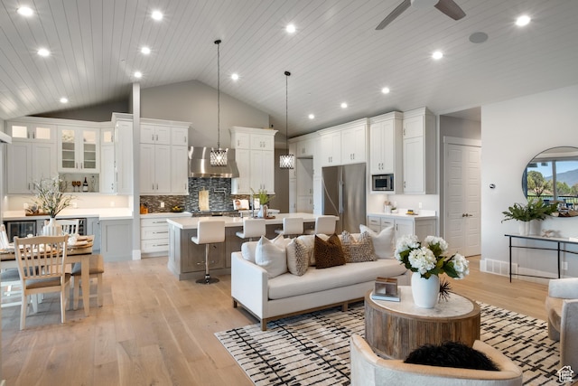 523 N Red Ct, Heber City, UT 84032 - living area featuring lofted ceiling, a ceiling fan, light wood-type flooring, recessed lighting, and wood ceiling