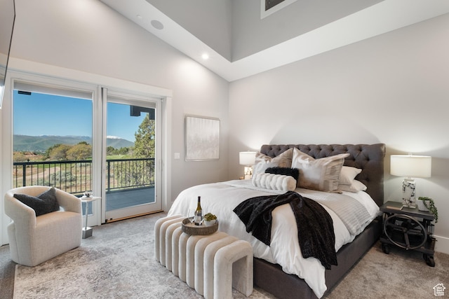 523 N Red Ct, Heber City, UT 84032 - carpeted bedroom featuring a towering ceiling, access to outside, a mountain view, recessed lighting, and baseboards