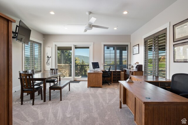 523 N Red Ct, Heber City, UT 84032 - office featuring light carpet, a ceiling fan, and recessed lighting