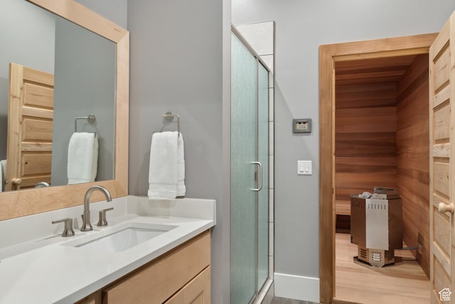523 N Red Ct, Heber City, UT 84032 - full bath featuring vanity, a sauna / steam room, a stall shower, and baseboards