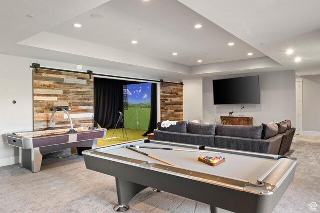 523 N Red Ct, Heber City, UT 84032 - rec room featuring carpet flooring, a tray ceiling, a barn door, baseboards, and recessed lighting