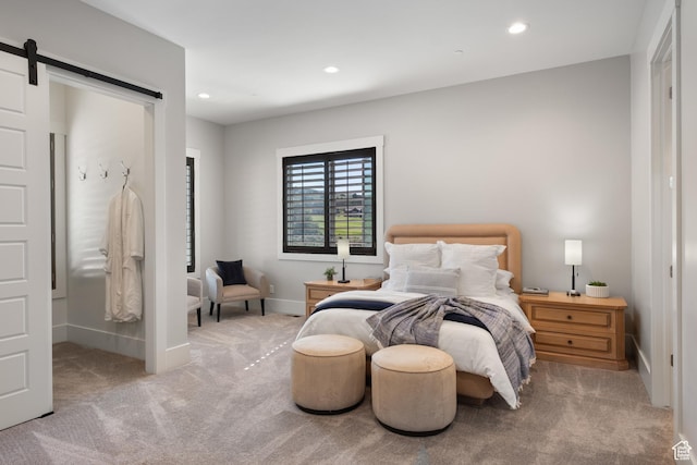 523 N Red Ct, Heber City, UT 84032 - bedroom with carpet flooring, baseboards, recessed lighting, and a barn door