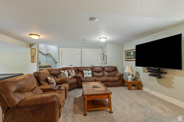 2078 E 3025 N, North Logan, UT 84341 - living room featuring baseboards, stairs, and light carpet