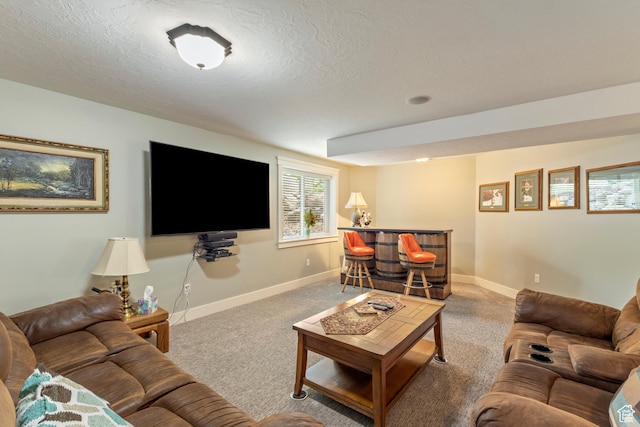 2078 E 3025 N, North Logan, UT 84341 - living room featuring a bar, carpet flooring, baseboards, and a textured ceiling