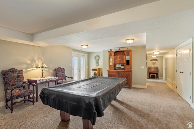 2078 E 3025 N, North Logan, UT 84341 - recreation room featuring light carpet, billiards table, baseboards, and french doors