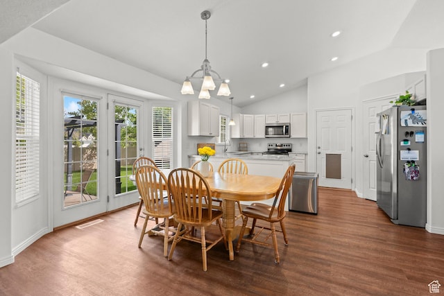 524 N 2870 W, Provo, UT 84601 - dining room featuring vaulted ceiling, healthy amount of natural light, dark wood finished floors, a chandelier, and recessed lighting