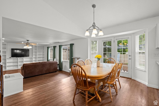 524 N 2870 W, Provo, UT 84601 - dining space featuring wood finished floors, a chandelier, ceiling fan, baseboards, and vaulted ceiling