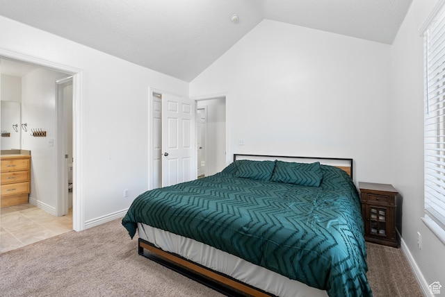 2047 E 1850 S, Spanish Fork, UT 84660 - carpeted bedroom featuring lofted ceiling, baseboards, and connected bathroom