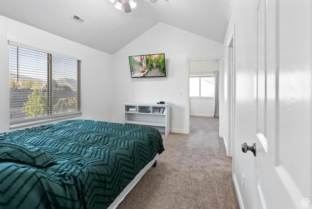 2047 E 1850 S, Spanish Fork, UT 84660 - bedroom with light colored carpet, vaulted ceiling, baseboards, and a ceiling fan