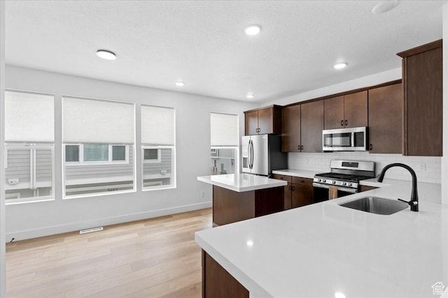 3466 S Peebles Ct E, South Salt Lake, UT 84115 - kitchen with stainless steel appliances, a sink, dark brown cabinets, light countertops, and tasteful backsplash