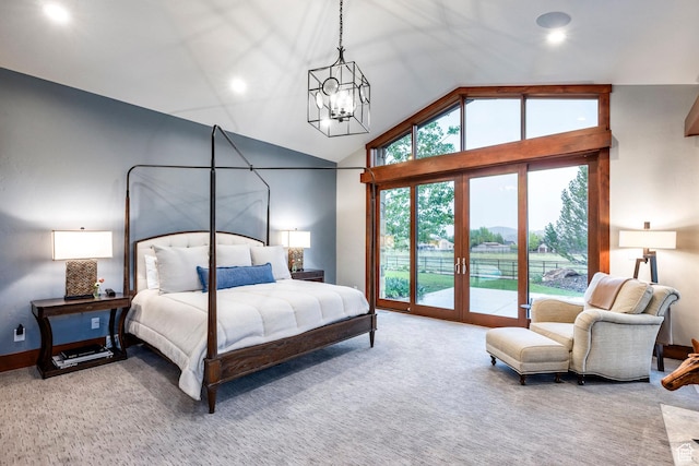 7778 N Greenfield Dr, Park City, UT 84098 - bedroom with access to outside, carpet flooring, a chandelier, recessed lighting, and high vaulted ceiling