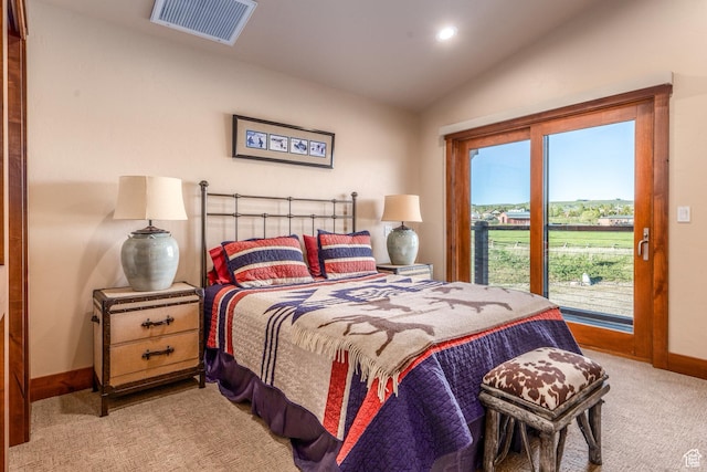 7778 N Greenfield Dr, Park City, UT 84098 - bedroom featuring access to outside, lofted ceiling, baseboards, light colored carpet, and recessed lighting