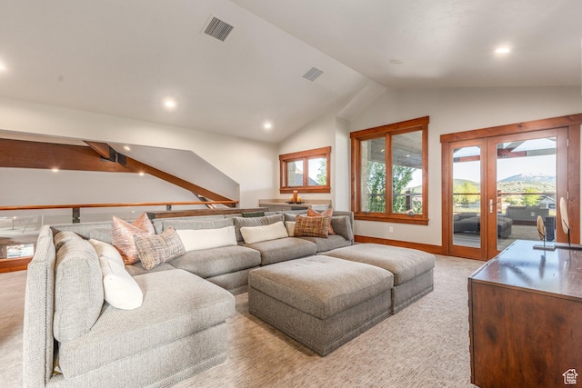 7778 N Greenfield Dr, Park City, UT 84098 - living area with vaulted ceiling, french doors, baseboards, and recessed lighting