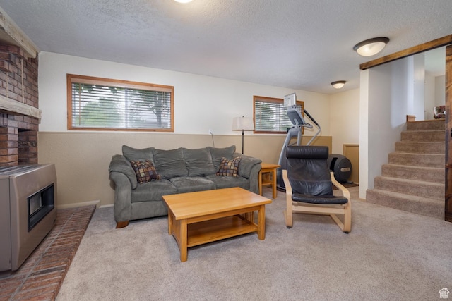 2155 W 900 N, Maeser, UT 84078 - carpeted living area featuring a textured ceiling, healthy amount of natural light, stairway, and a fireplace