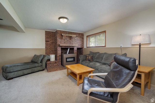 2155 W 900 N, Maeser, UT 84078 - living room with carpet flooring, a brick fireplace, and a textured ceiling