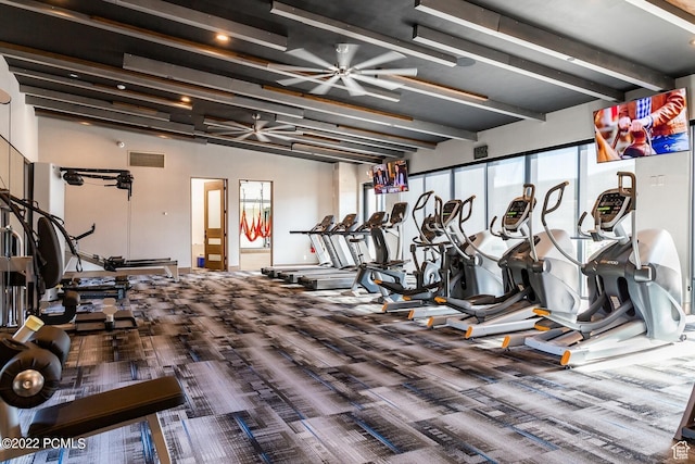 6417 Double Deer Loop, Park City, UT 84098 - exercise room with carpet flooring, a ceiling fan, beam ceiling, and baseboards