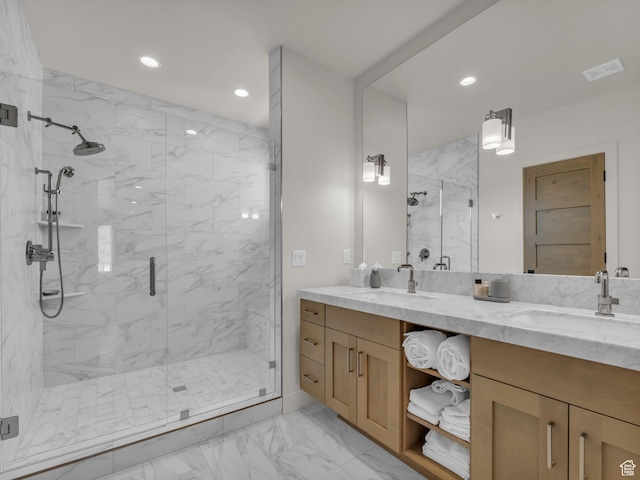 6417 Double Deer Loop, Park City, UT 84098 - bathroom with marble finish floors, a marble finish shower, double vanity, and recessed lighting