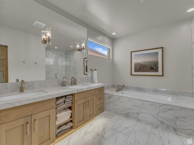 6417 Double Deer Loop, Park City, UT 84098 - full bath with a bath, a marble finish shower, marble finish flooring, double vanity, and recessed lighting