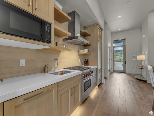 6417 Double Deer Loop, Park City, UT 84098 - kitchen featuring black microwave, wall chimney range hood, luxury range, open shelves, and a sink