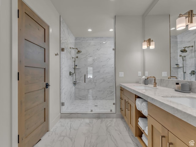 6417 Double Deer Loop, Park City, UT 84098 - full bath featuring marble finish flooring, a marble finish shower, double vanity, recessed lighting, and baseboards