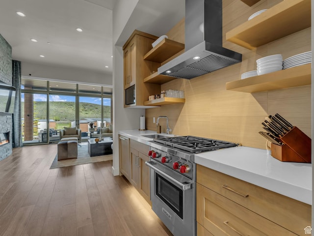 6417 Double Deer Loop, Park City, UT 84098 - kitchen with open shelves, premium range, a sink, island range hood, and backsplash