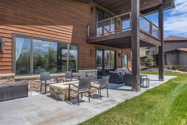 336 Big Meadow Dr, Kamas, UT 84036 - view of patio with an outdoor living space with a fire pit and a balcony
