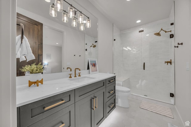 336 Big Meadow Dr, Kamas, UT 84036 - bathroom with vanity, a shower stall, tile patterned floors, toilet, and recessed lighting