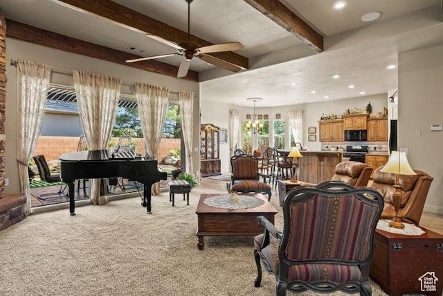 1618 N 775 W, Washington, UT 84780 - living room featuring beamed ceiling, ceiling fan, light colored carpet, a chandelier, and recessed lighting