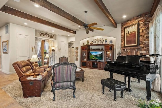 1618 N 775 W, Washington, UT 84780 - living room featuring a ceiling fan, beam ceiling, recessed lighting, and arched walkways
