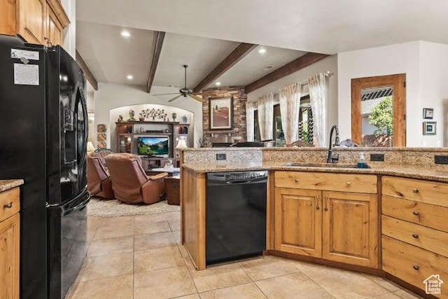 1618 N 775 W, Washington, UT 84780 - kitchen with black appliances, open floor plan, a sink, ceiling fan, and light stone countertops