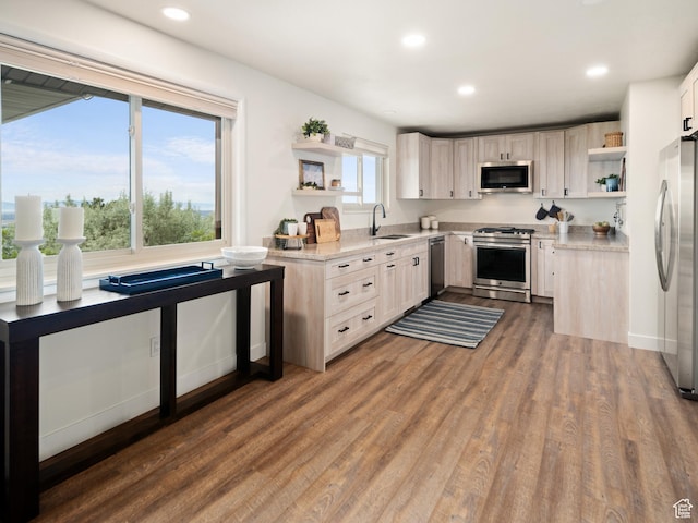 4253 S Spring Rd E, Ogden, UT 84403 - kitchen with appliances with stainless steel finishes, open shelves, a sink, dark wood-style floors, and recessed lighting