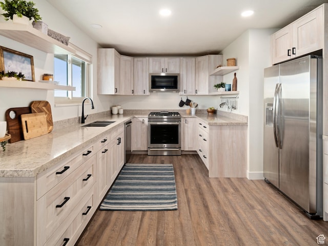 4253 S Spring Rd E, Ogden, UT 84403 - kitchen featuring appliances with stainless steel finishes, a sink, open shelves, dark wood finished floors, and light stone counters