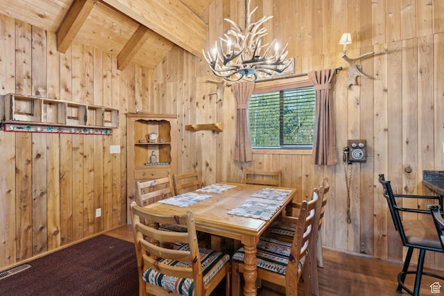 5399 E Targhee Dr E, Oakley, UT 84055 - dining area with a chandelier, wooden walls, wooden ceiling, and wood finished floors