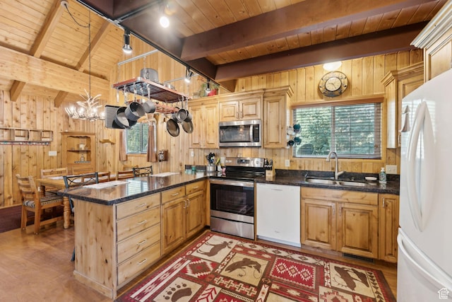 5399 E Targhee Dr E, Oakley, UT 84055 - kitchen with stainless steel appliances, a sink, wood walls, wooden ceiling with exposed beams, and a peninsula