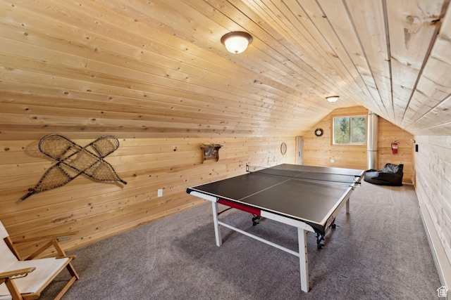 5399 E Targhee Dr E, Oakley, UT 84055 - game room featuring wood walls, carpet floors, wood ceiling, and vaulted ceiling