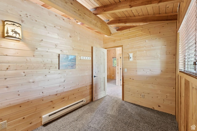 5399 E Targhee Dr E, Oakley, UT 84055 - carpeted spare room featuring baseboard heating, wooden ceiling with exposed beams, and wooden walls