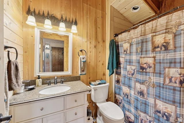5399 E Targhee Dr E, Oakley, UT 84055 - full bath with wooden walls, toilet, vanity, lofted ceiling, and a shower with curtain