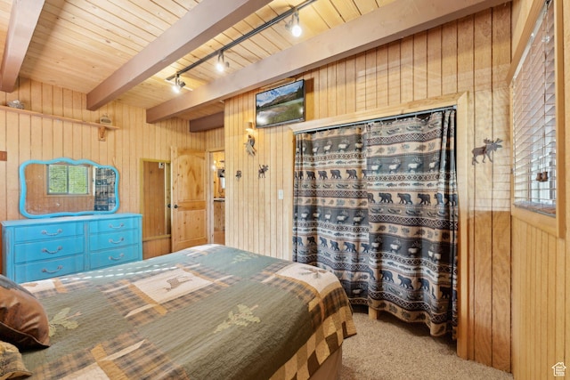 5399 E Targhee Dr E, Oakley, UT 84055 - bedroom featuring track lighting, wood walls, carpet flooring, and wooden ceiling with exposed beams