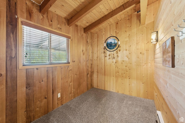 5399 E Targhee Dr E, Oakley, UT 84055 - empty room featuring wood walls, wooden ceiling with exposed beams, carpet flooring, and a baseboard radiator