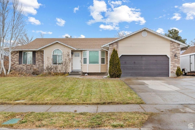5586 W 10130 N, Highland, UT 84003 - ranch-style home featuring an attached garage, concrete driveway, a front lawn, and brick siding