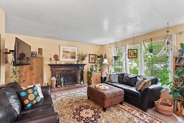 3275 N 250 E, North Ogden, UT 84414 - living area with a textured ceiling, healthy amount of natural light, and a brick fireplace