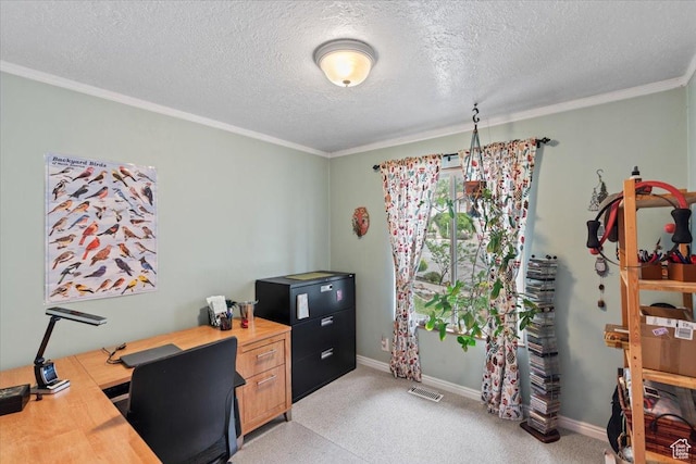 3275 N 250 E, North Ogden, UT 84414 - home office featuring crown molding, a textured ceiling, baseboards, and light colored carpet