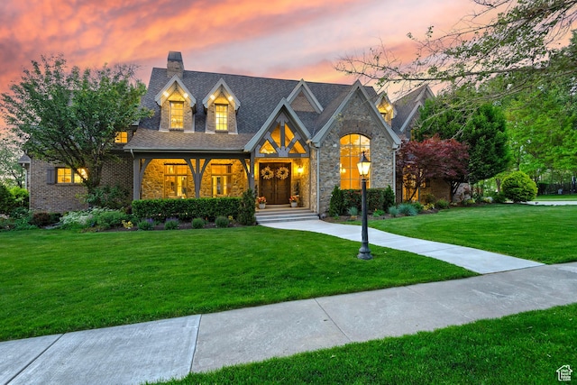 963 E Old English Rd, Draper, UT 84020 - view of front of home featuring a front lawn, a chimney, and stone siding