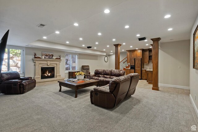 963 E Old English Rd, Draper, UT 84020 - living area with light carpet, recessed lighting, a fireplace, decorative columns, and baseboards