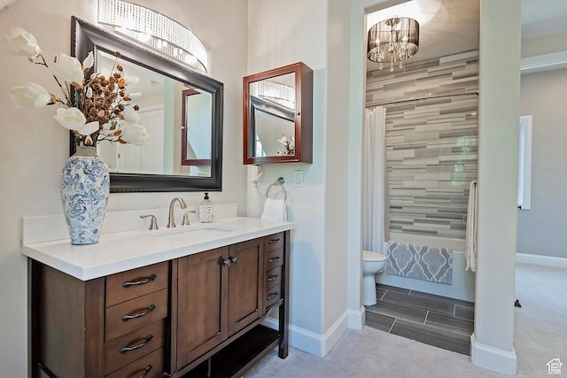 963 E Old English Rd, Draper, UT 84020 - full bath featuring vanity, baseboards, a chandelier, toilet, and shower / bath combination with curtain