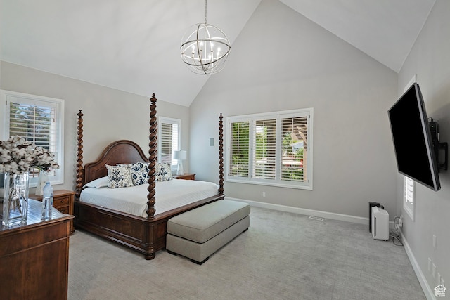 963 E Old English Rd, Draper, UT 84020 - bedroom featuring a chandelier, high vaulted ceiling, multiple windows, baseboards, and light colored carpet