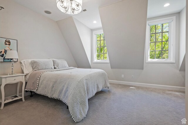 963 E Old English Rd, Draper, UT 84020 - bedroom with carpet flooring, a chandelier, baseboards, recessed lighting, and lofted ceiling