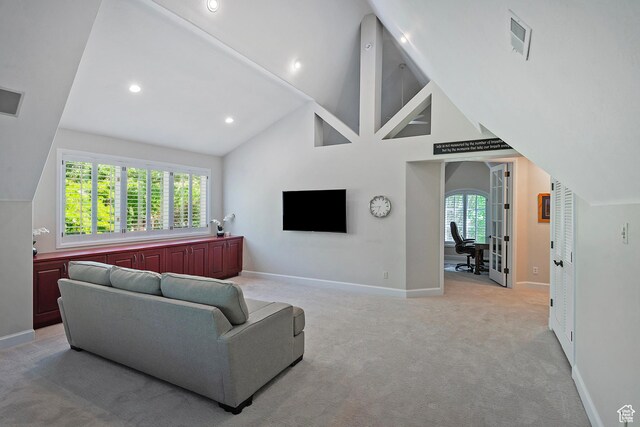 963 E Old English Rd, Draper, UT 84020 - living room with baseboards, light colored carpet, recessed lighting, and high vaulted ceiling