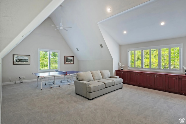 963 E Old English Rd, Draper, UT 84020 - living room with lofted ceiling, healthy amount of natural light, ceiling fan, carpet flooring, and recessed lighting
